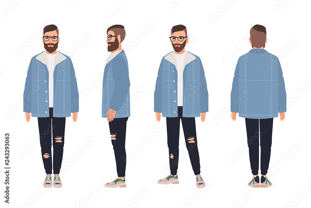 Bearded man wearing glasses, jacket and jeans. Hipster guy dressed in fashionable clothes. Male cartoon character isolated on white background. Street style outfit. Flat colored vector illustration. Bearded man wearing glasses, jacket and jeans. Hipster guy dressed in fashionable clothes. Male cartoon character isolated on white background. Street style outfit. Flat colored vector illustration.