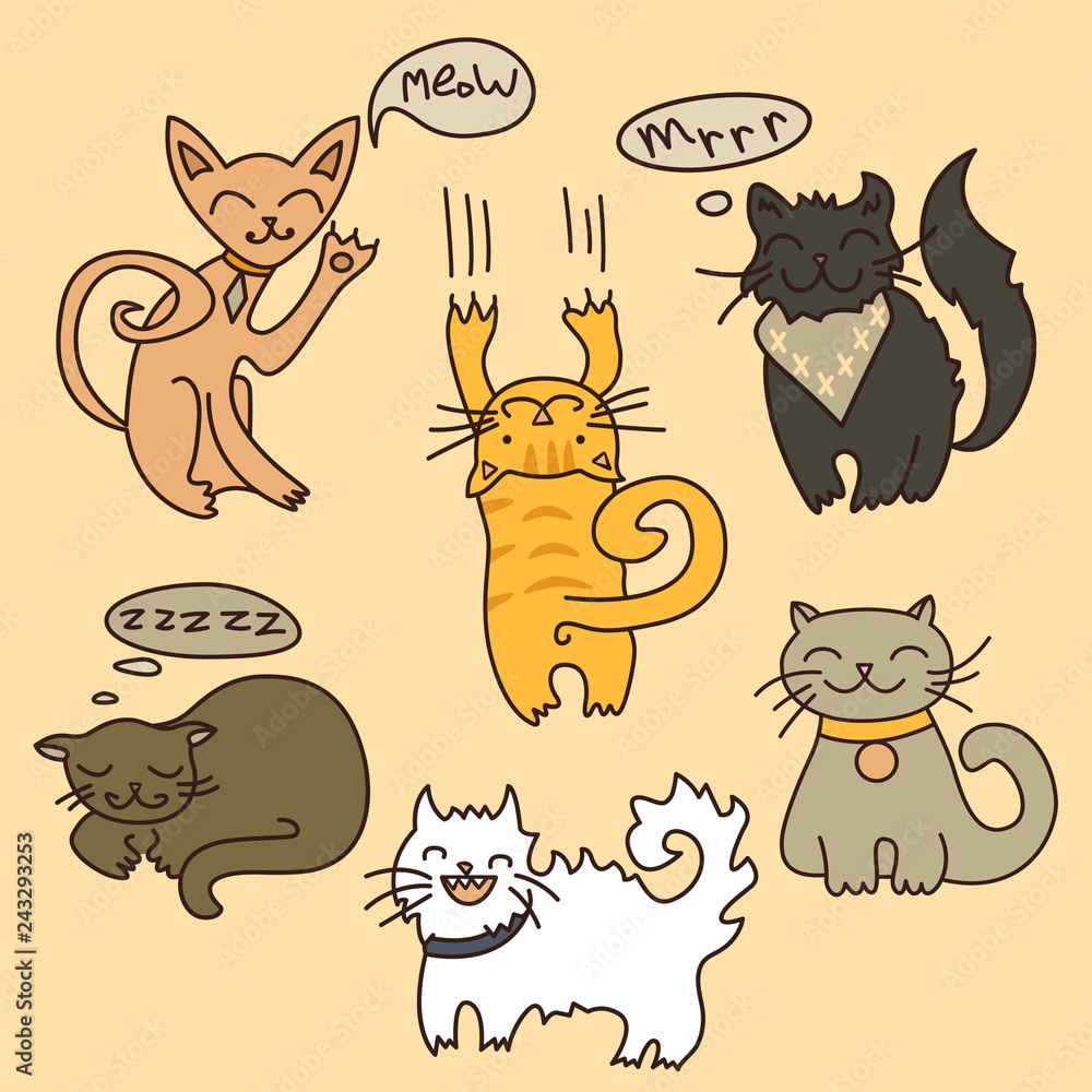 Vector set of cartoon cats. Cute hand drawn style