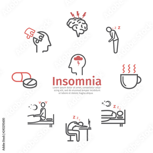 Insomnia banner, Symptoms. Line icons set. Vector signs for web graphics.