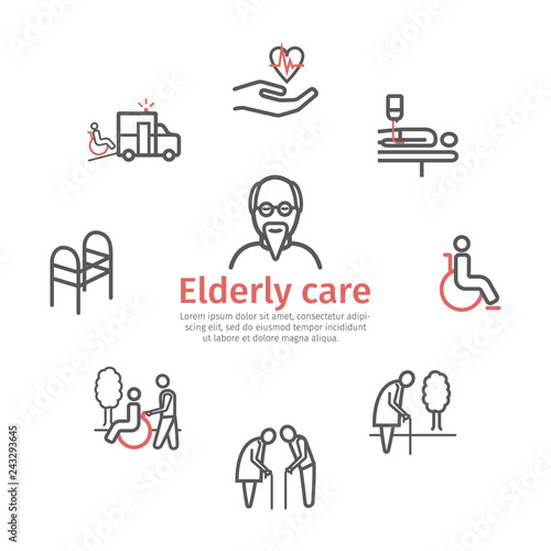 Elderly services banner. Line icons set. Care Help and Accessibility. Disabled People. Vector illustration.