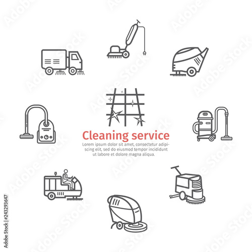 Industrial Cleaning Service banner. Worker. Vacuum Scrubber. Sweeper Machines. Thin line icon set. Vector illustration.