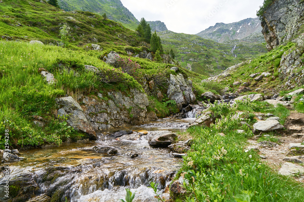 Fließender Bach im Gebirge der Alpen