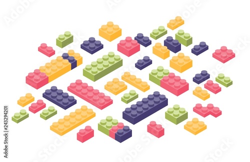 Bundle of isometric colorful constructor details or parts isolated on white background. Plastic interlocking toy bricks or building blocks for children s entertainment. Colorful vector illustration.