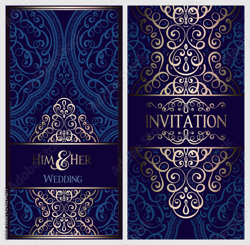 Wedding invitation card with gold shiny eastern and baroque rich foliage. Ornate islamic background for your design. Islam, Arabic, Indian, Dubai.