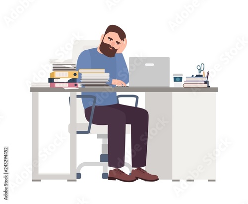 Tired male manager working on computer. Sad or exhausted bearded man at office. Stressful work, stress at workplace. Busy employee, workaholic. Colorful vector illustration in flat cartoon style.