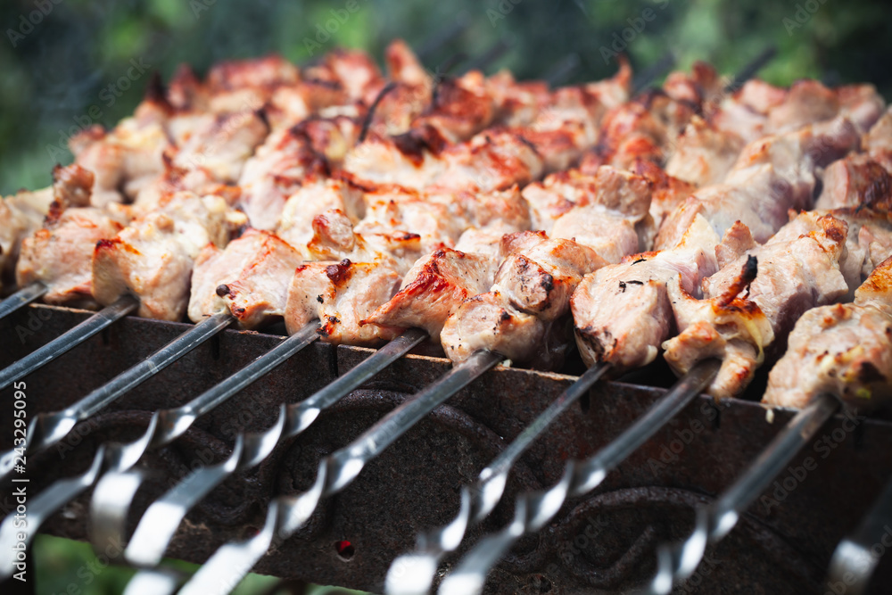 Pork shashlik preparing on coals, outdoor cooking