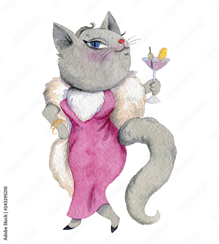 Mafia gangster girlfriend cat. Cartoon character. Isolated object on white  background. Watercolor illustration Stock Illustration | Adobe Stock