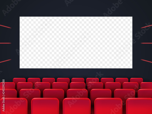 Cinema screen with red seats. 