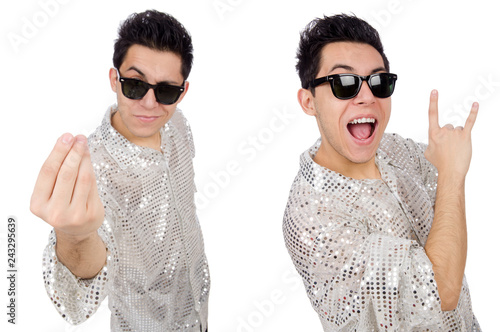 Young man in silver shirt isolated on white