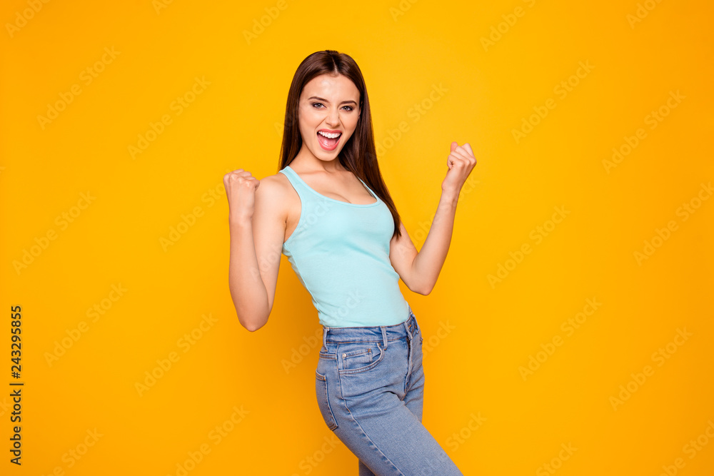Studio photo portrait of cheerful good mood crazy fan she her yo Studio photo portrait of cheerful good mood crazy fan she her yo