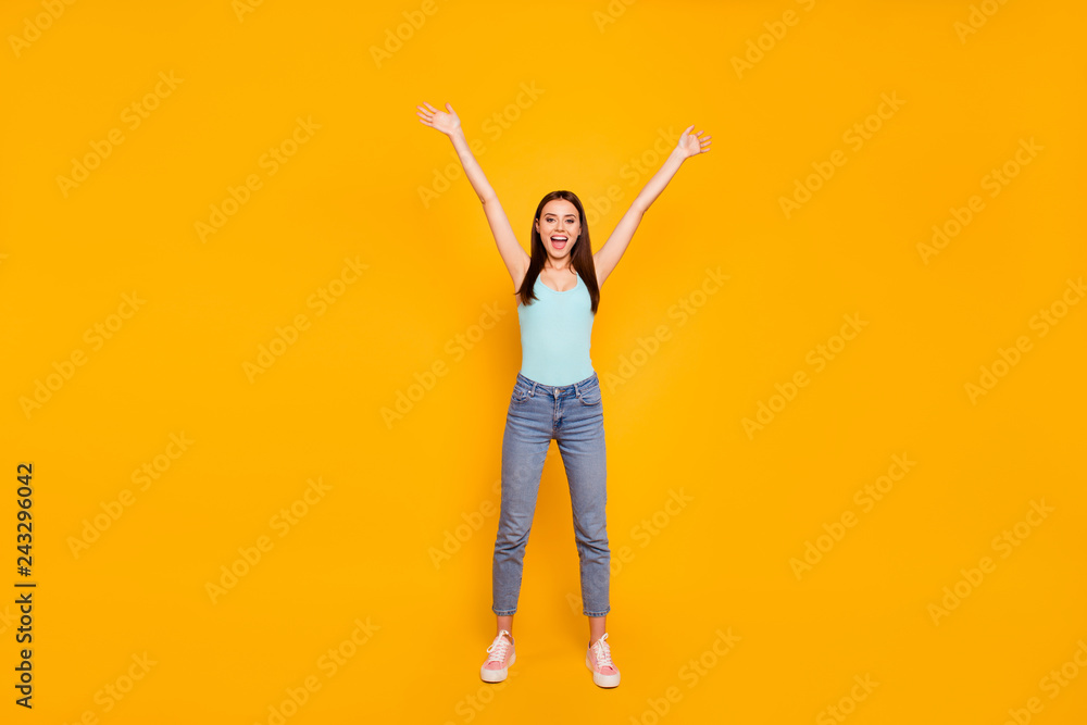 Full length body size studio photo portrait of cheerful excited Full length body size studio photo portrait of cheerful excited