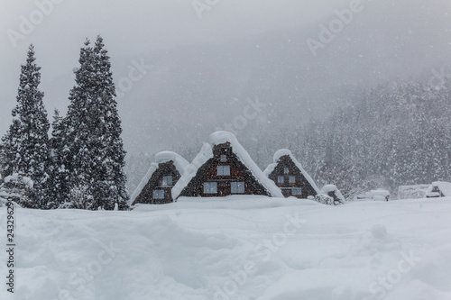 Gassho houses in Shirakawago village with snow covered ground ,blue sky and mountains background at winter in snowy day ,Gifu,Japan.