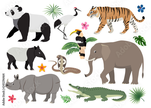 Set of cute wild animals and birds icon, decor for children, cartoon tiger, rhinoceros, panda, elephant, alligator, hornbill, cobra, crane, tapir vector illustration isolated on white background