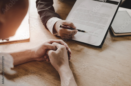 legal consultants, notary or justice lawyer discussing contract document on desk with client customer in courtroom office, business, justice law, insurance, legal service, buy and sell house concept