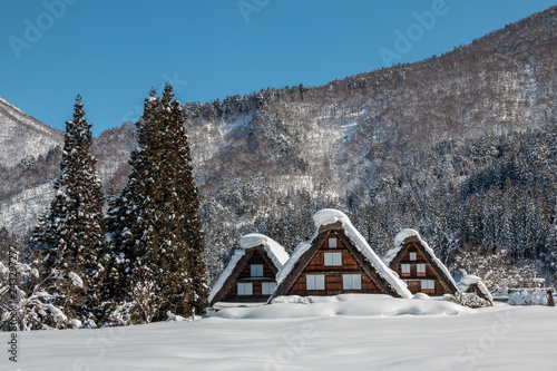 Gassho house in Shirakawago village with snow covered ground ,blue sky and mountains background at winter in Gifu,Japan.