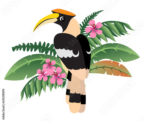 Co Colorful friendly great hornbill icon, wild Indian bird, cartoon tropical beast, vector illustration isolated on white background