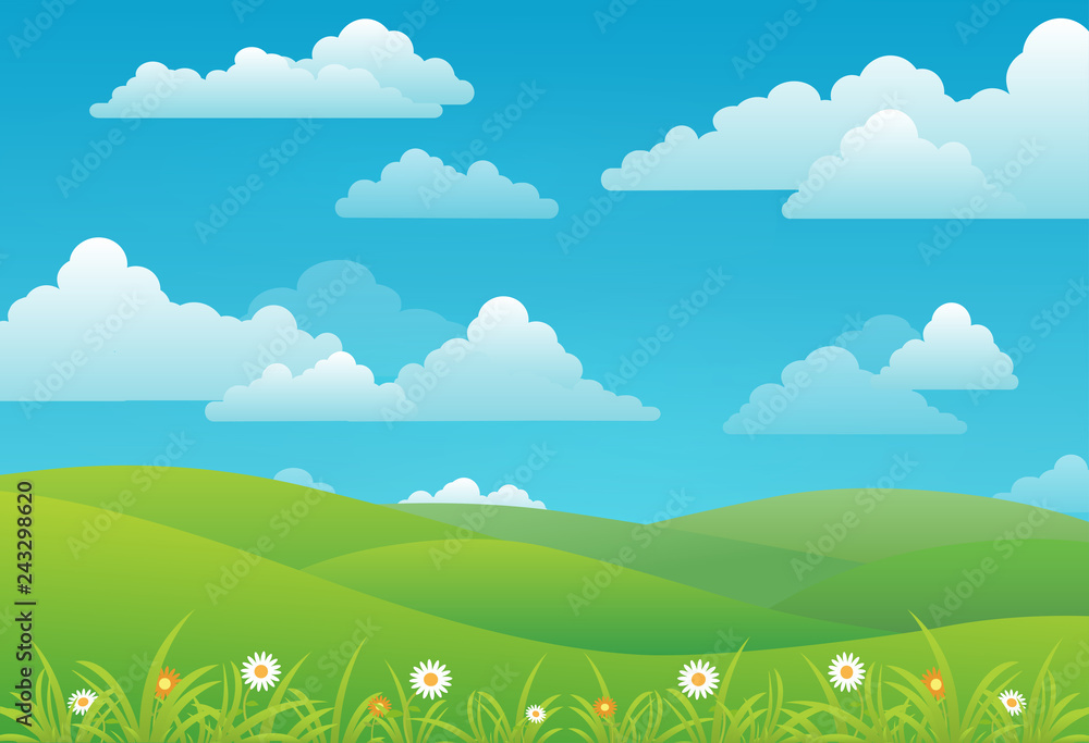 Spring landscape background with clouds, flowers, and green meadow