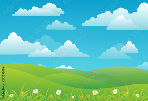 Spring landscape background with clouds, flowers, and green meadow