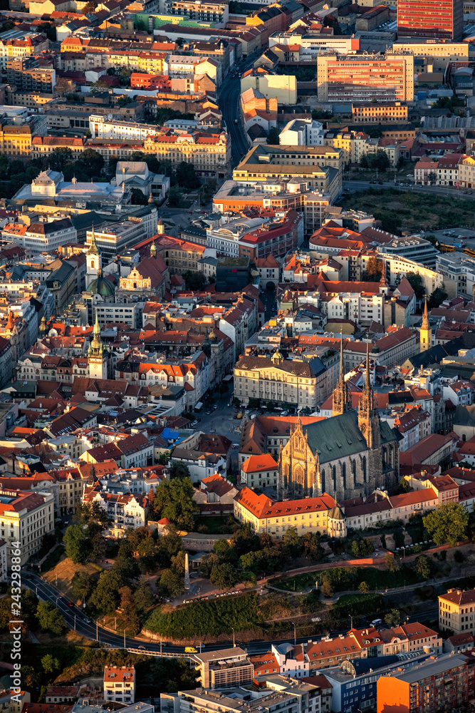 Aerial view of historical center of Brno in Czech Republic. Cathedral of St Peter and Paul in Brno.