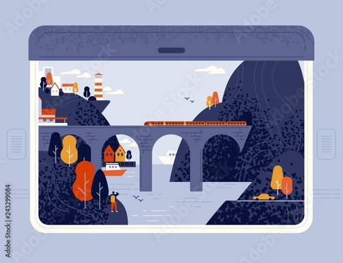 Train window view on seaside town, sea, lighthouse, cliffs and railway bridge. Around the world trip, railroad travel or journey through beautiful places. Modern vector in flat cartoon style.