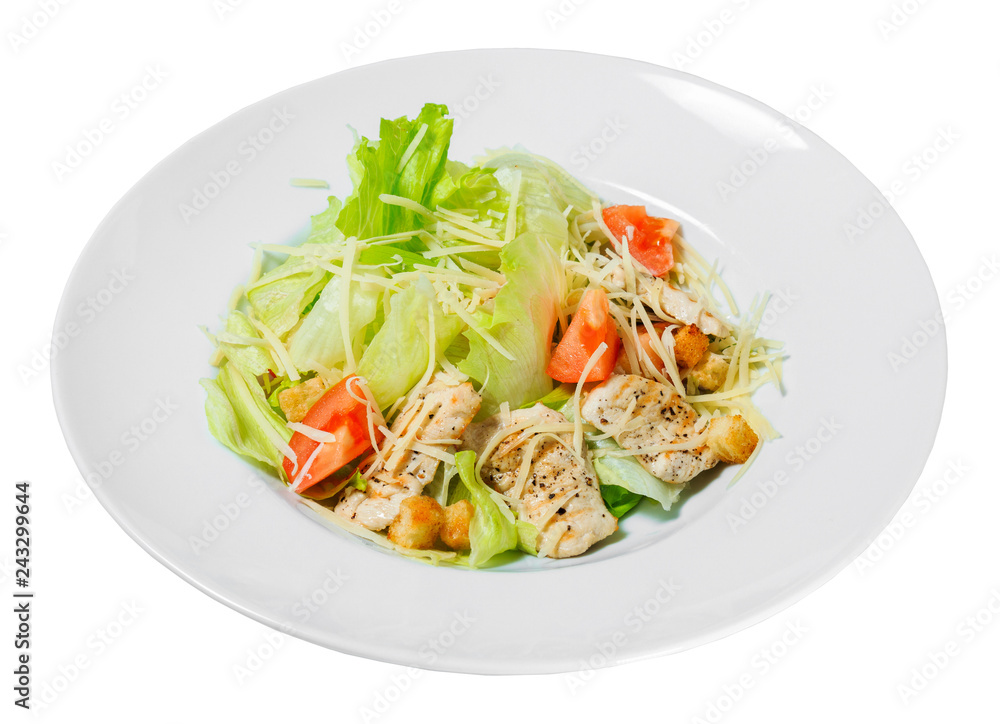 Salad Caesar with Romaine lettuce, tomatoes, grilled chicken, croutons and cheese on a plate. Salad Caesar with Romaine lettuce, tomatoes, grilled chicken, croutons and cheese on a plate.