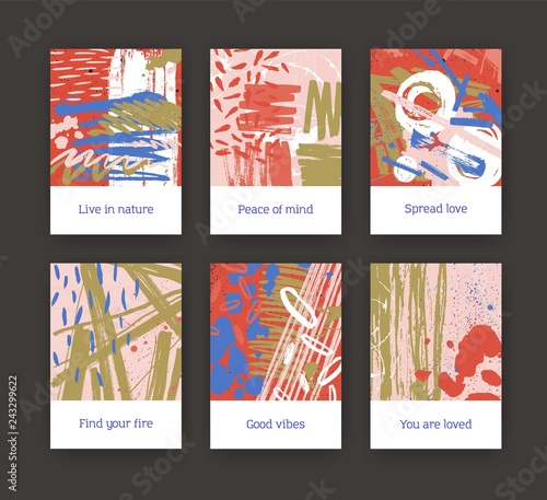 Collection of flyer or postcard templates with chaotic motley paint traces, s...