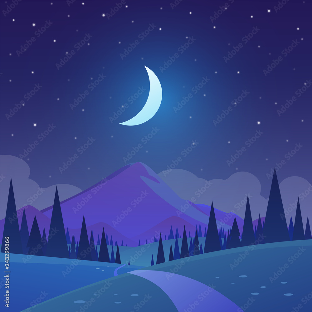Obraz premium Vector illustration of night time nature landscape in the Countryside with trees and a starry sky