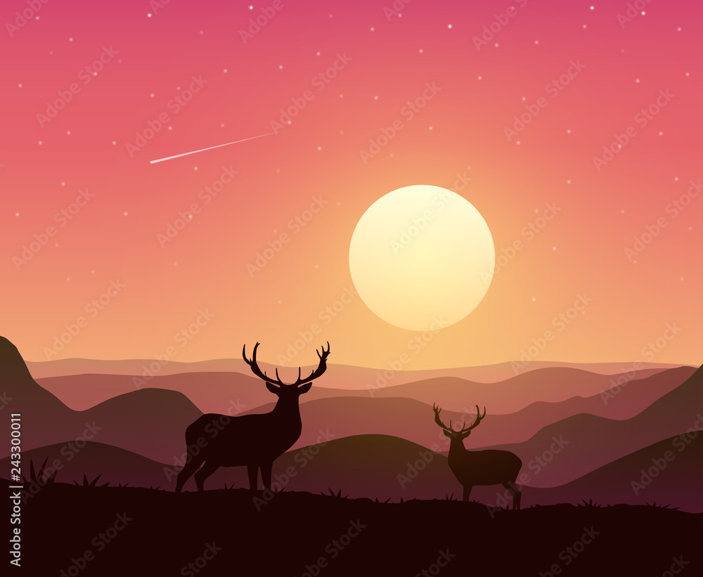 Mountains landscape with two deers on Sunset. Vector illustration