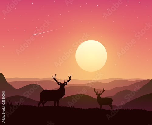 Mountains landscape with two deers on Sunset. Vector illustration