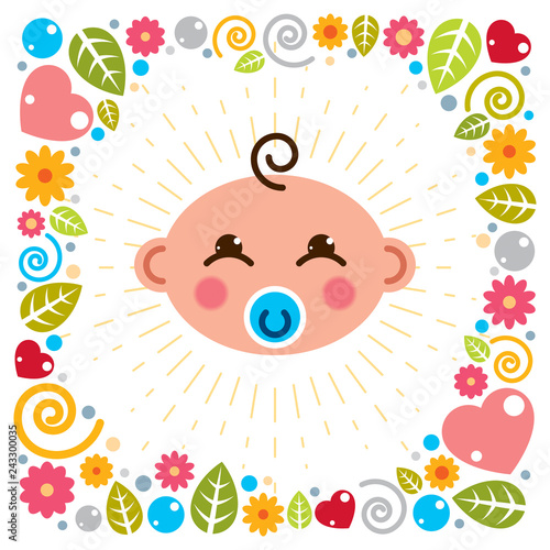 Cute baby cartoon vector flat icon, adorable happy and smiling child with nipple emoji. With nice childish frame of flowers, hearts and leaves.
