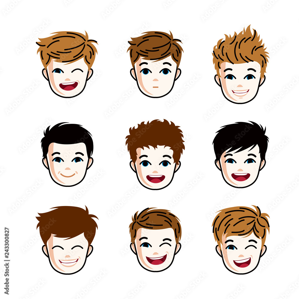 Collection of boys faces expressing different emotions like happiness and making some grimaces, vector human head illustrations. Set of red-haired and brunet teenagers. Collection of boys faces expressing different emotions like happiness and making some grimaces, vector human head illustrations. Set of red-haired and brunet teenagers.