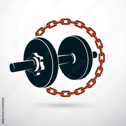 Dumbbell vector illustration surrounded by iron chain. Fitness workout and power lifting.