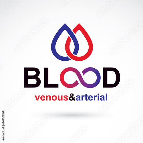 Arterial and venous blood, blood circulation conceptual vector illustration. Cardiology medical care vector emblem for use in pharmacy.