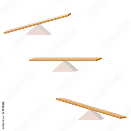 Seesaw. set of three items. wooden plank balancing on a wooden triangle