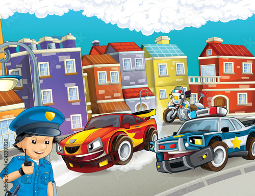 cartoon scene with police chase motorcycle and car driving through the city policeman - illustration for children © honeyflavour
