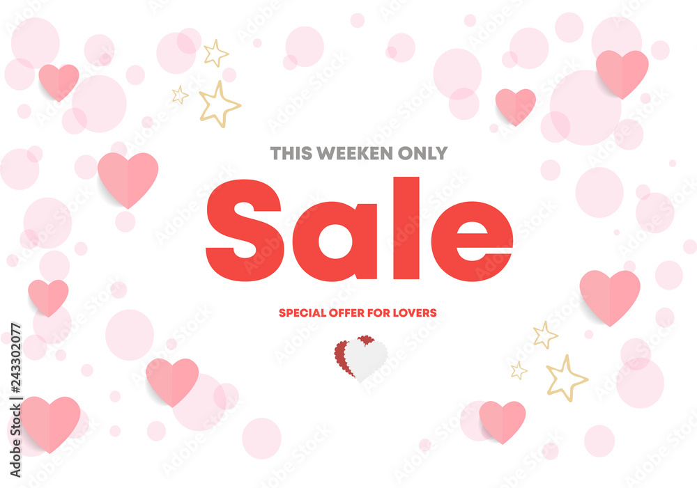 Happy Valentine's Day Sale Seasonal Banner. Top view on composition with Hearts and Shapes. Vector Illustration with Discount Offer. 2019 trend colors