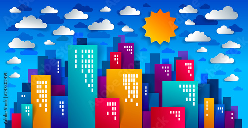 City houses buildings paper cut cartoon kids game style vector illustration, modern minimal design of cute cityscape, urban life, clouds in the sky.