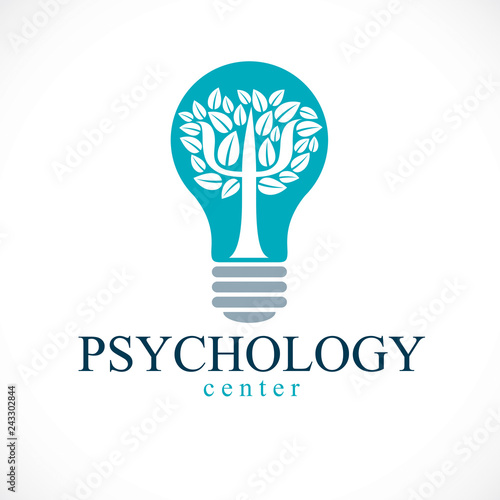 Psychology concept vector logo or icon created with Greek Psi symbol as a tree with leaves inside of idea light bulb, mental health concept, psychoanalysis analysis and psychotherapy therapy.