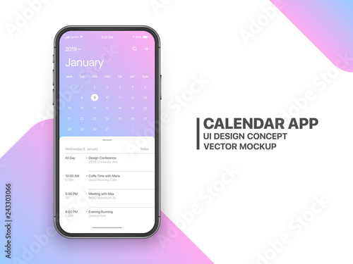 Calendar App Concept January 2019 Page with To Do List and Tasks UI UX Design Mockup Vector on Frameless Smartphone Screen Isolated on White Background. Planner Application Template for Mobile Phone