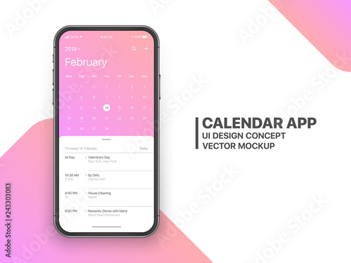 Calendar App Concept February 2019 Page with To Do List and Tasks UI UX Design Mockup Vector on Frameless Smartphone Screen Isolated on White Background. Planner Application Template for Mobile Phone