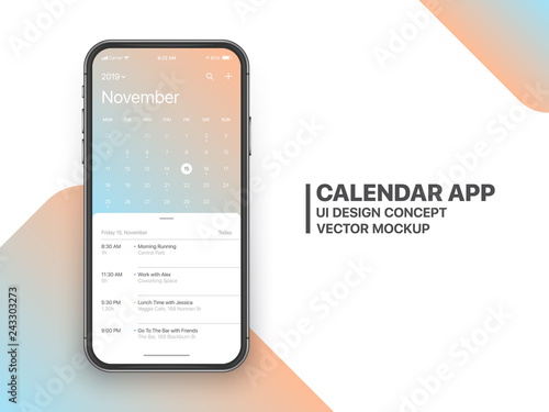 Calendar App Concept November 2019 Page with To Do List and Tasks UI UX Design Mockup Vector on Frameless Smartphone Screen Isolated on White Background. Planner Application Template for Mobile Phone