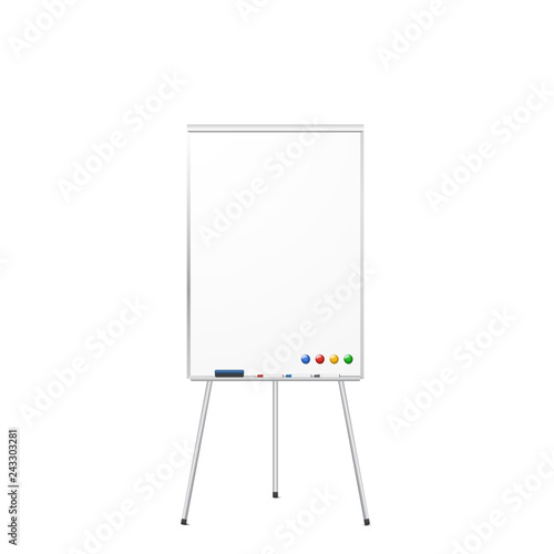 Blank magnetic tripod dry erase whiteboard isolated on white background. Realistic tripod flipchart with magnets, eraser, and markers. Vector illustration.