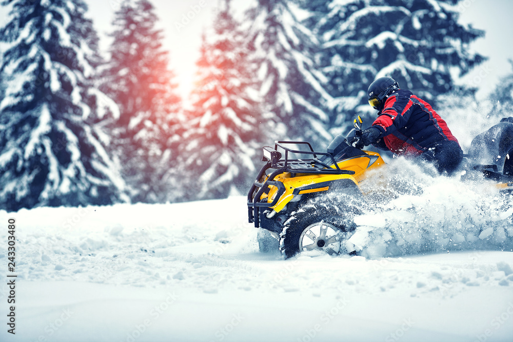 Fototapeta premium Winter walk on the quad bike in the forest.