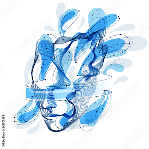 Artificial Intelligence, abstract artistic human head portrait made of dotted particles array, vector software digital visual interface. Digital soul, spirit of technological time.