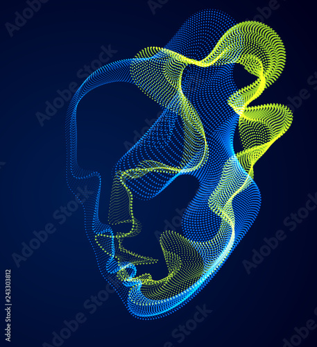 Dotted particles human portrait, abstract human head vector wave shapes array, Artificial Intelligence, pc programming software interface, digital soul.