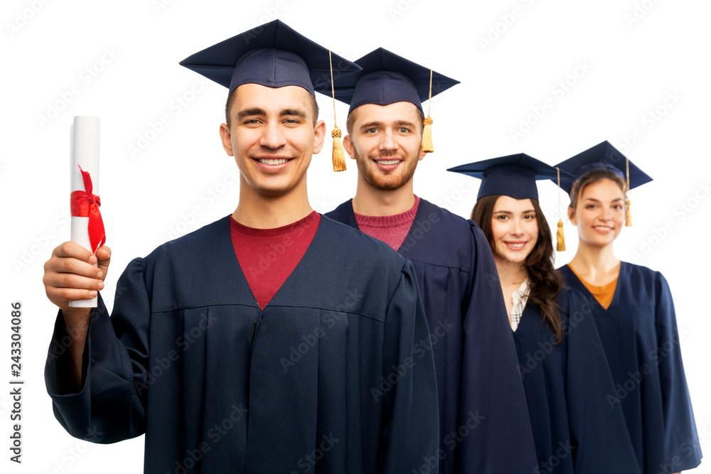 education, graduation and people concept - group of happy graduate students in mortar boards and bachelor gowns with diploma over white background education, graduation and people concept - group of happy graduate students in mortar boards and bachelor gowns with diploma over white background