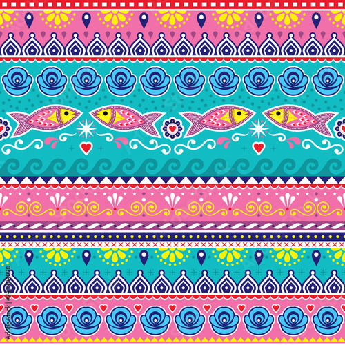 Pakistani or Indian truck art vector seamless pattern, decorative truck floral design with flowers, fish and abstract shapes 