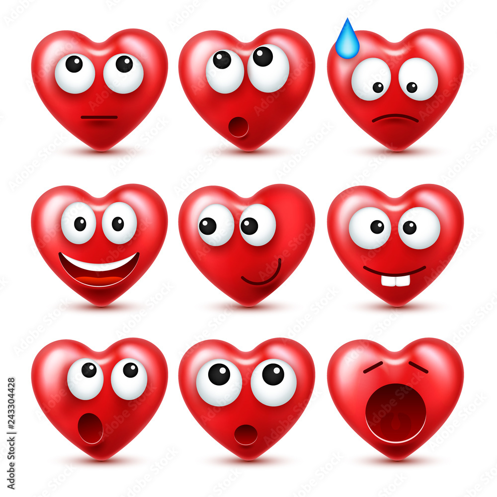 Heart Smiley Emoji Vector Set For Valentines Day. Funny Red Face With Expressions And Emotions. Love Symbol. Heart Smiley Emoji Vector Set For Valentines Day. Funny Red Face With Expressions And Emotions. Love Symbol.