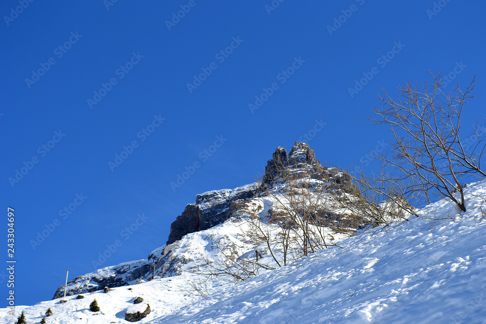 Paysage de montagne enneigée de la station de ski de Valmorel dans les Alpes, station de ski, France