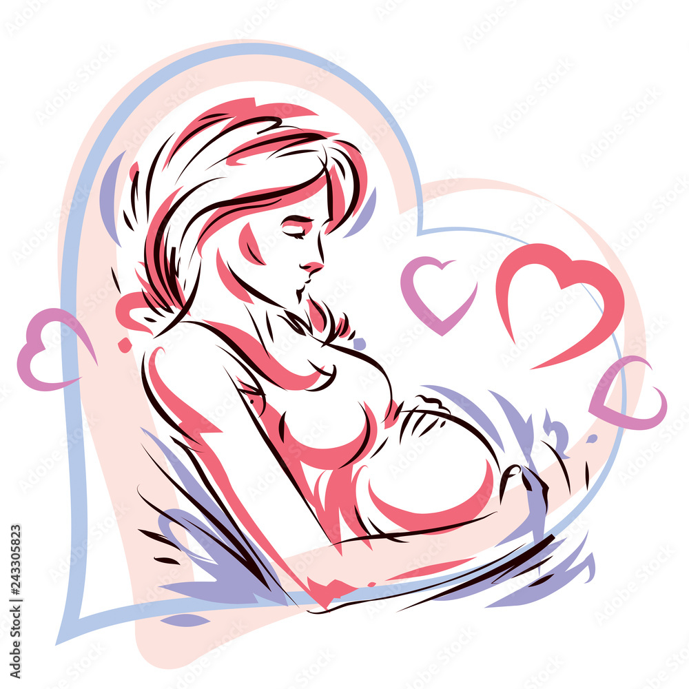 Pregnant woman elegant body silhouette placed in decorative heart shape frame, sketchy vector illustration. Love and gentle feeling concept.
